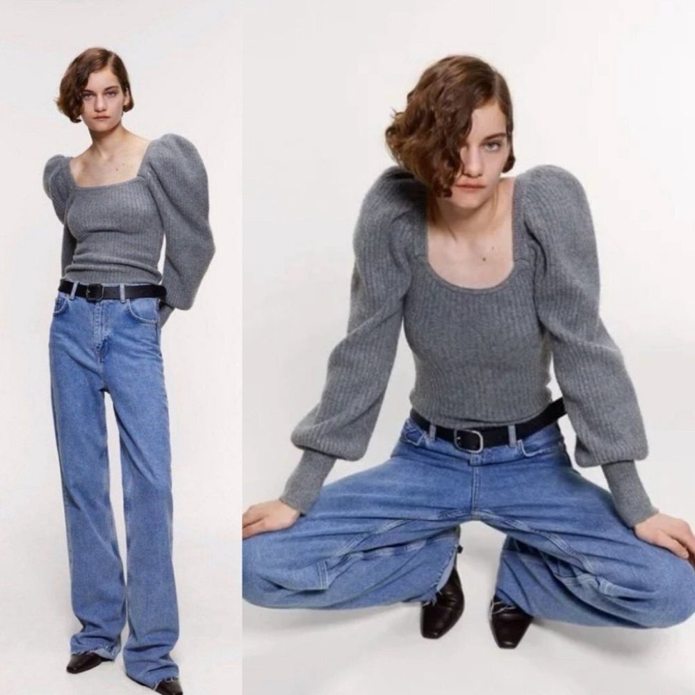Zara Gray Puff-Sleeve Scoop Neck Sweater